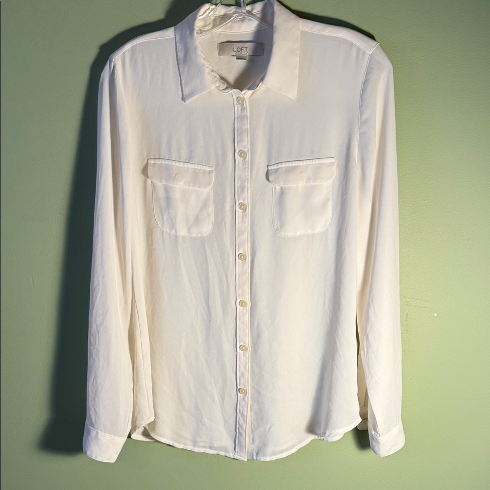 LOFT Cream Button-Down Shirt with Chest Pockets